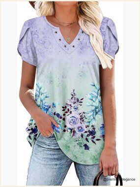 Women's Boho Tunic Top Flowy Short Sleeve V-Neck Blouse for Leggings